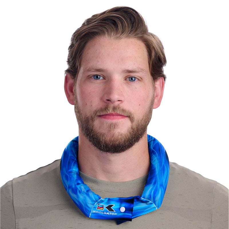 KOOLGATOR Evaporative Cooling Neck Wrap â€“ Reusable Neck Cooler with Long Lasting Relief During Hot Weather Activities, Sports, & Outdoor Work, Flames: Blue & Red, 1 Pack - Image 1
